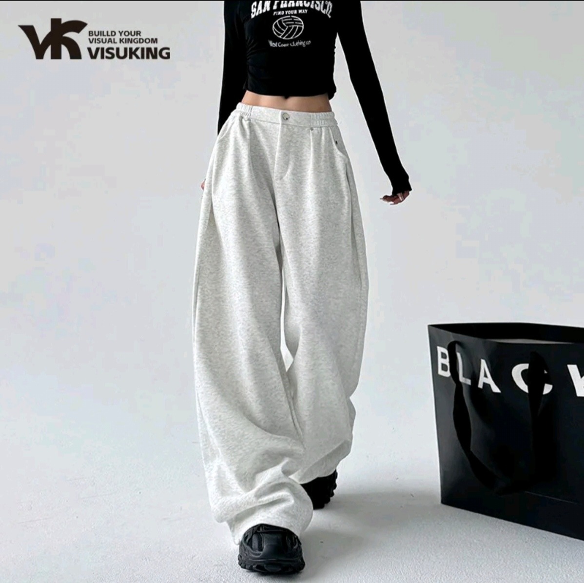 [DS][IZZA][249-280-0] VISUKING WOMENS PANTS DRAW ROPE MOVEMENT LOOSE STRAIGHT CYLINDER LEG