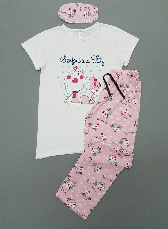 SEMFONI AND JTTy Ladies Turkey 3Pcs Pyjama Set (PINK - WHITE) (S - M - L - XL)