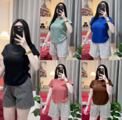 [BKK][PEG][165-200-0]Set of 2 Items, Bow Shirt+Printed Shorts, Smock Pattern, Clothing Women, Lady Set