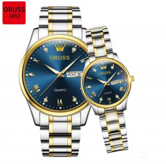 [PT17] ORUSS Original 2 Pcs Couple Stainless Steel Dual Calendar Luxury Waterproof Analog Watch Fashion Korean Business Automatic Quartz Wrist Watch For Couple