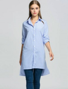 Fashion Women Long Sleeve Striped Asymmetrical Hem Button Down Shirt Dress 