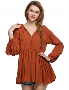 Women Sexy V Neck Leisure Blouse Loose Long Sleeve Top Pleated Mini Dress