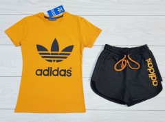 ADIDAS Ladies T-Shirt And Short Set (ORANGE - ASH) (MD) (S - M - L - XL) (Made in Turkey)