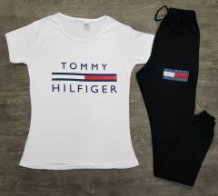 TOMMY - HILFIGER Ladies T-Shirt And Pants Set (WHITE - BLACK) (MD) (S - M - L - XL) (Made in Turkey) 