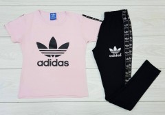 ADIDAS Ladies T-Shirt And Pants Set (LIGHT PINK - BLACK) (MD) (S - M - L - XL) (Made in Turkey)