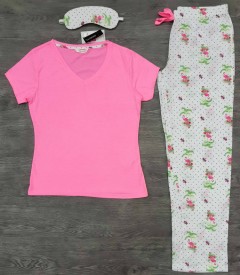 DUNNES Ladies 3 Pcs Pyjama Set (PINK - WHITE) (LP) (36 to 46)