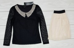 LA CHAPELLE Ladies Sleeved Shirt And Skirt (BLACK - LIGHT PINK) (LC) ( M ) 