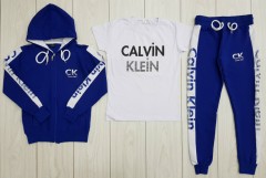 CALVIN KLEIN  Turkey Ladies 3 Pcs Sweatshirt + T-Shirt + Pants (BLUE - WHITE) (S - M - L - XL)