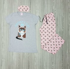 LCN PIJAMA  Ladies Turkey 3 Pcs Pyjama Set (GRAY - PINK) (S - M - L - XL) 