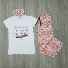 LCN PIJAMA  Ladies Turkey 3 Pcs Pyjama Set (WHITE - PINK) (S - M - L - XL) 