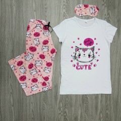 LCN PIJAMA Ladies Turkey 3 Pcs Pyjama Set (WHITE - PINK) (S - M -  L - XL)