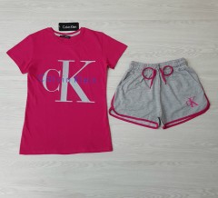CALVIN KLIEN Ladies Turkey 2Pcs Shorty Set  (DARK PINK-GRAY)(S-M-L-XL)