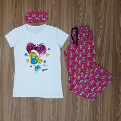 LCN PIJAMA  Ladies Turkey 3 Pcs Pyjama Set (WHITE - PINK) (S - M - L - XL)