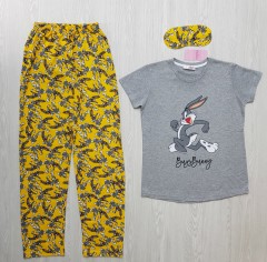 CLAM HOMEWEAR Ladies Turkey 3Pcs Pyjama Set (GRAY-YELLOW)(S-M-L-XL)