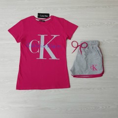 CALVIN KLIEN Ladies Turkey 2Pcs Shorty Set  (DARK PINK-GRAY)(S-M-L-XL)
