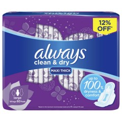 ALWAYS Clean & Dry Maxi Thick Large Sanitary Pads 60 Pads (MOS)(CARGO)