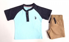 US POLO ASSN Boys 2 Pcs Shorty Set (BLUE-CREAM) (12 Months To 4 Years)